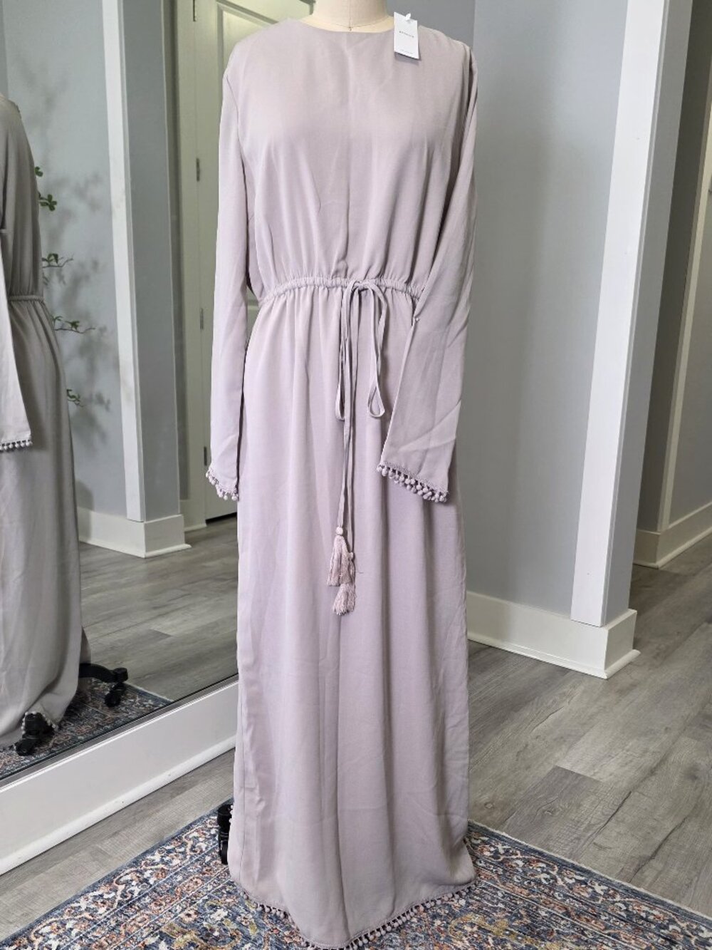 INAYAH Pom-Pom Trim Tassel Tie Maxi Dress in Mauve